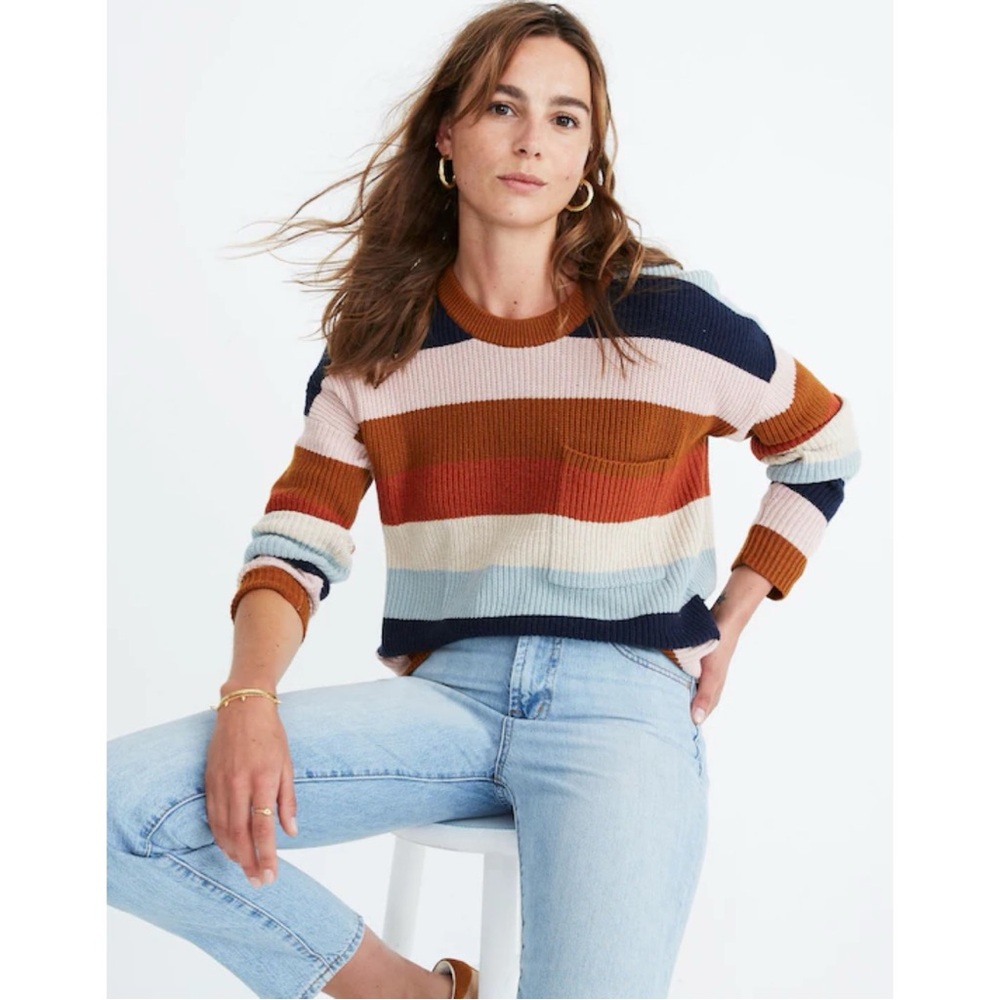 Madewell Thompson Pocket Pullover Sweater in Rainbow Stripe Cotton Blend Size S - Picture 8 of 10